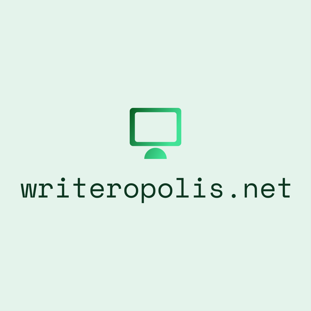 picture of a computer monitor on a green background with the domain name writeropolis.net below it