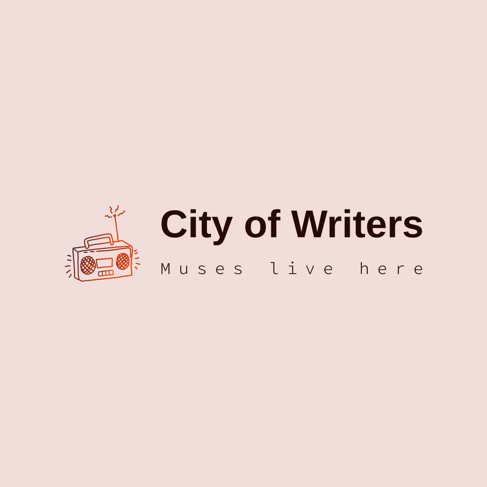 brown text on a soft pink background next to a multicolored boombox that reads "City of Writers, Muses live here"